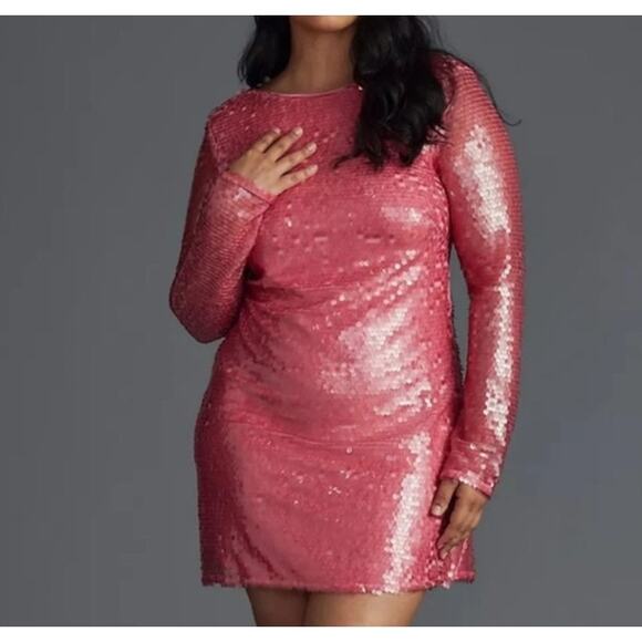 Pink Sequin Drape Back Mini Dress Anthropologie Long Sleeve NEW with Tags 16W - Picture 1 of 12